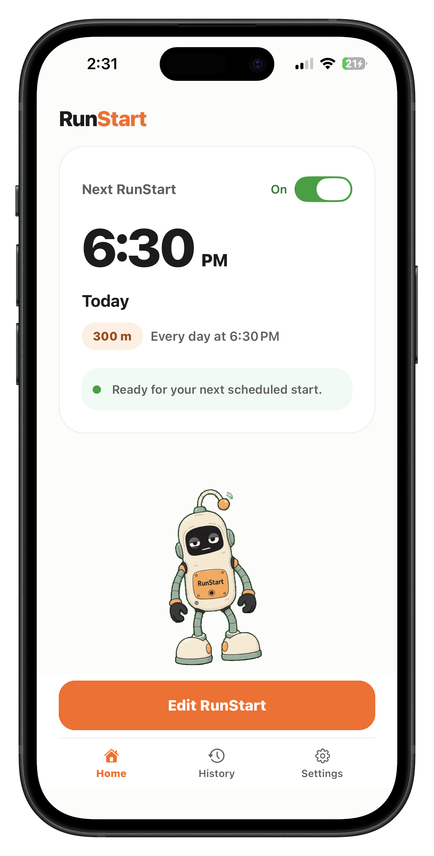 RunStart home screen showing a scheduled 300 metre start and the robot companion