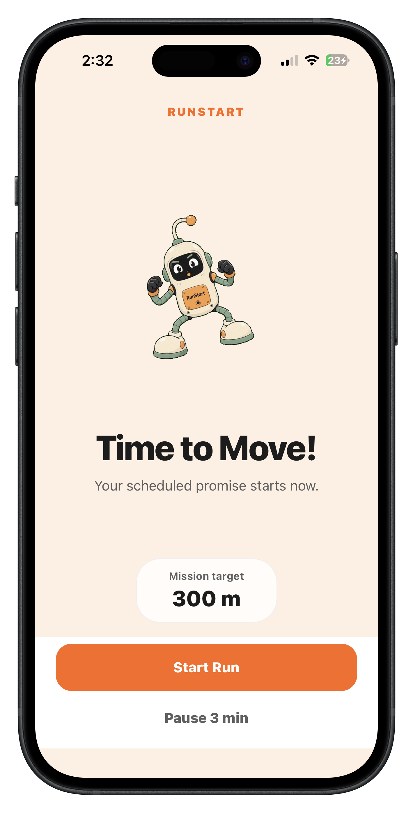 RunStart alarm screen with Start Run and Pause actions