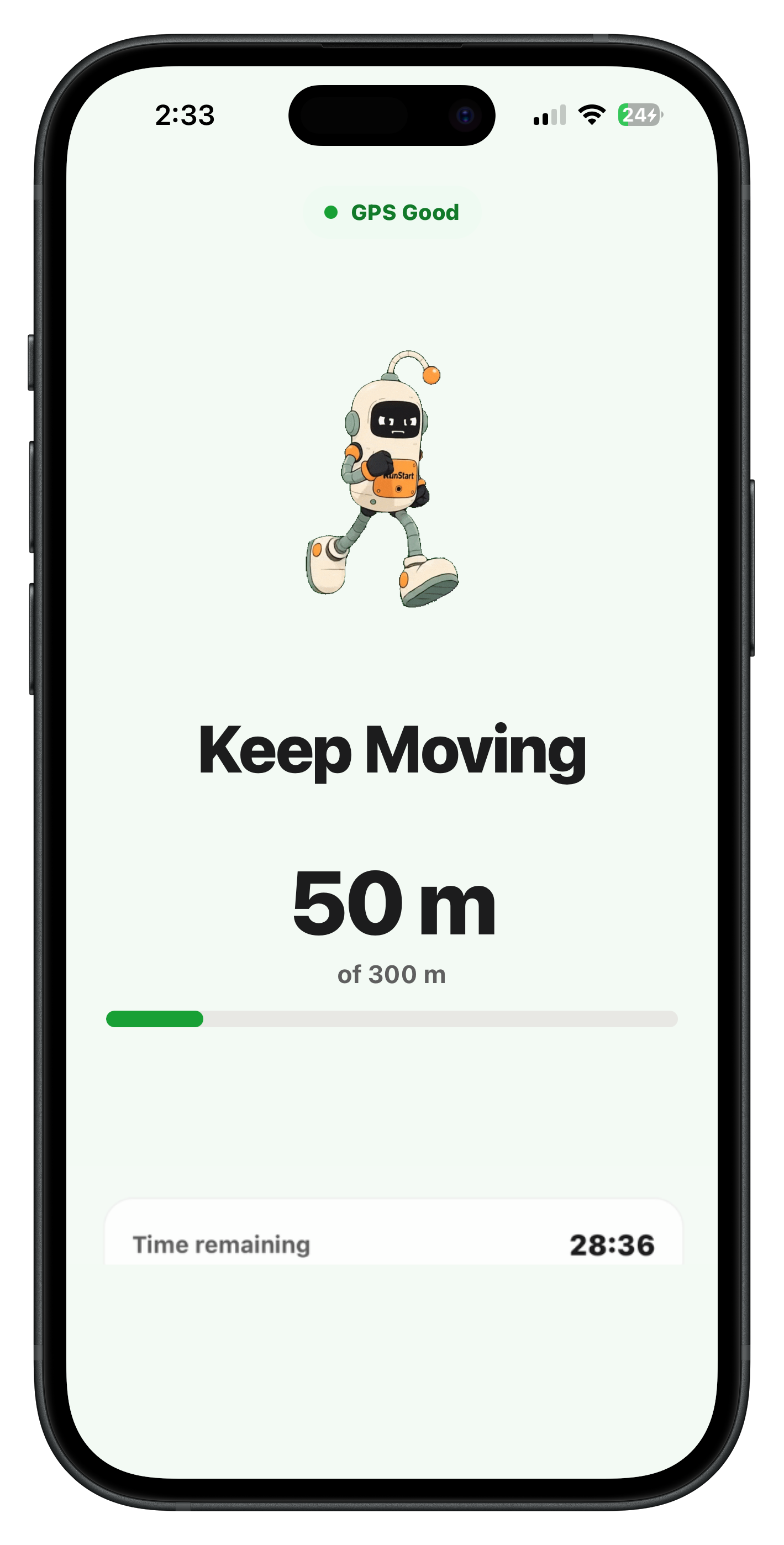 Active RunStart mission showing GPS status and distance progress