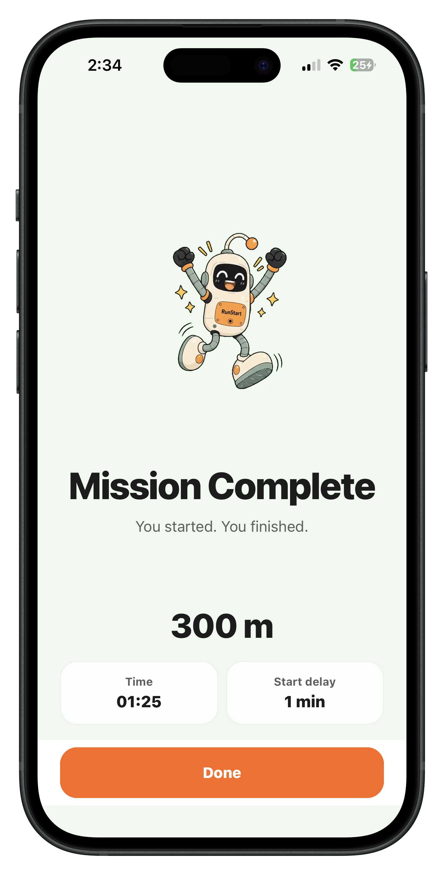 RunStart mission complete screen showing 300 metres finished